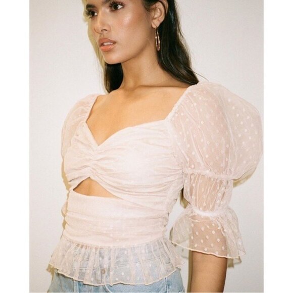 NEW LPA Dolores Top S Ivory Sheer Dot Puff Sleeve Cutout Pleated Peplum Tulle - Picture 12 of 13